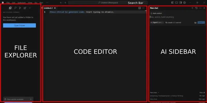 Cursor Interface: File Explorer, Code Editor, AI Sidebar